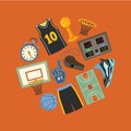 Basketball icons circle. Game equipment, basketball hoop and ball, scoreboard, whistle and stopwatch vector illustration