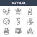 9 basketball icons pack. trendy basketball icons on white background. thin outline line icons such as sport bag, coach, backpack Royalty Free Stock Photo