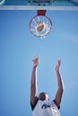 Basketball jump, goal and man on court playing a game low angle for mock up. Motivation, fitness and healthy lifestyle