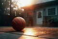 basketball lies in the backyard of a country house. Basketball game symbol, sports equipment