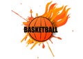 Basketball logo with grunge splatter and fire on white background