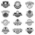 Basketball 12 monochrome badges set. Retro collection of monochrome basketball elements and emblems. Royalty Free Stock Photo