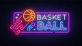 Basketball neon sign vector. Basketball Design template neon sign, light banner, neon signboard, nightly bright