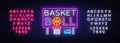 Basketball neon sign vector. Basketball Design template neon sign, light banner, neon signboard, nightly bright