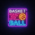 Basketball Night Neon Logo Vector. Basketball neon sign, design template, modern trend design, sports neon signboard Royalty Free Stock Photo