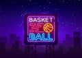 Basketball Night Neon Logo Vector. Basketball neon sign, design template, modern trend design, sports neon signboard Royalty Free Stock Photo