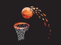128_Orange basketball flying in a basket on a black background
