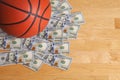 Basketball on pile of one hundred dollar bills