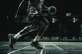 A basketball player in action, dribbling the ball on a court. Suitable for sports-related designs Royalty Free Stock Photo