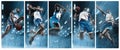 Basketball player on big professional arena during the game. Basketball player making slam dunk. Royalty Free Stock Photo