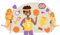 Basketball player bouncing ball in the gym with cheerleaders illustration. Smiling girls, boy in uniform, trophy, medal Royalty Free Stock Photo