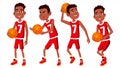 Basketball Player Child Set Vector. Different Poses. Leads The Ball. Sport Game Competition. Sport. Isolated Flat Royalty Free Stock Photo