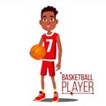 Basketball Player Child Vector. Afro American, Black. Athlete In Uniform With Ball. Healthy Lifestyle. Isolated Flat