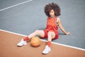 Basketball player on court, getting ready for game and workout before fitness exercise outside. Portrait of a black