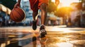 Basketball player dribbles outdoor at the streets. The Art of Street Basketball Dribbling. Generative AI Royalty Free Stock Photo