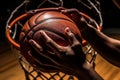 basketball player hands slamming ball in the basket in top view illustration generative ai