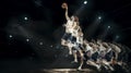 Basketball player jumping with ball on professional court arena. collage Royalty Free Stock Photo