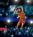 Basketball player making slam dunk on basketball arena Royalty Free Stock Photo