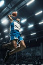 Basketball player on big professional arena during the game. Basketball player making slam dunk. Royalty Free Stock Photo