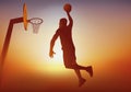 A basketball player scores a basket during a league game.