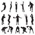 Basketball player silhouettes, vector illustration. Dribbling, bouncing, passing, shooting ball, free throw, slam dunk. Royalty Free Stock Photo
