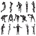 Basketball player silhouettes, vector illustration. Dribbling, bouncing, passing, shooting ball, free throw, slam dunk. Royalty Free Stock Photo