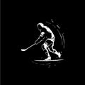 Basketball player skates white sport silhouette logo template, hand drawing tattoo sketch on black background. Vector