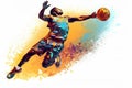 basketball player slam dunk in a warp galaxy energy low poly style illustration generative ai Royalty Free Stock Photo