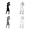 Basketball player throws a basketball Man shooting ball side view icon set grey black color illustration outline flat style Royalty Free Stock Photo