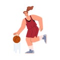 Basketball player woman running and dribbling ball, cartoon game competition, vector illustration with lines of motion Royalty Free Stock Photo