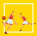 Basketball players in abstract flat style. Men playing with a basketball ball. Template for sport poster. Vector Royalty Free Stock Photo