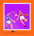 Basketball players in abstract flat style. Men playing with a basketball ball. Template for sport poster. Vector Royalty Free Stock Photo