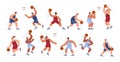 Basketball players, athletes with ball in different poses, handling, jumping, defense and offense, vector set sport game