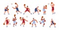 Basketball players, athletes with ball in different poses, handling, jumping, defense and offense vector sport game set