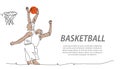 Basketball players jump and throw the ball into basketball hoop. One continuous line art drawing of basketball players Royalty Free Stock Photo