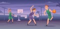 Basketball players. Male and female basketball active game exact vector cartoon background