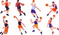 Basketball players set. The basketball team. Peoples in dynamic pose. Cartoon flat vector illustration.