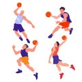 Basketball players set. The basketball team. Peoples in dynamic pose. Cartoon flat vector illustration. Isolated objects on white.