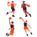 Basketball players set. The basketball team in uniform. Peoples in dynamic pose. Cartoon flat illustration.