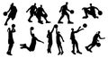 Basketball players silhouettes. Set of athlete characters run dribble jump block pass ball, sport game tournament Royalty Free Stock Photo