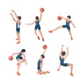 Basketball players. Sport athletes playing in active games with ball healthy lifestyle vector isometric people