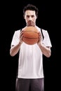 Basketball, portrait and fitness man with ball in studio for training, wellness or exercise challenge on black Royalty Free Stock Photo