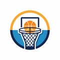 A basketball rests snugly inside a basketball hoop against a clear sky, ready for the next game, A clean and modern representation Royalty Free Stock Photo