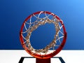 Basketball rim seen from below against clear blue sky Royalty Free Stock Photo