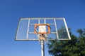 Basketball ring and board with white net.