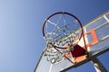 Basketball ring and board with white net.