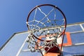 Basketball ring and board with white net.