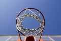 Basketball ring and board with white net.