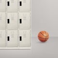 Basketball in room floor with locker in the background