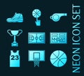 Set of Basketball blue glowing neon icons. Royalty Free Stock Photo